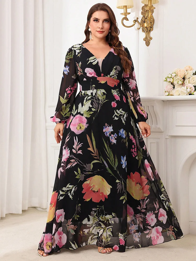 TOLEEN 2024 New Women Plus Size Floral Printed V-Neck Long Sleeve Dress Summer Spring Casual Elegant Party Holiday Maxi Dresses