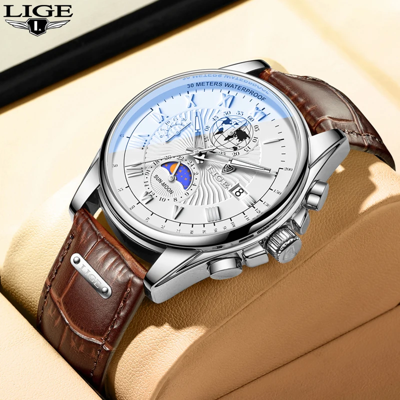 

Men's Watches LIGE Top Brand Luxury Leather Watch for Men Fashion Casual Sport Quartz Wristwatches Chronograph Waterproof Clock