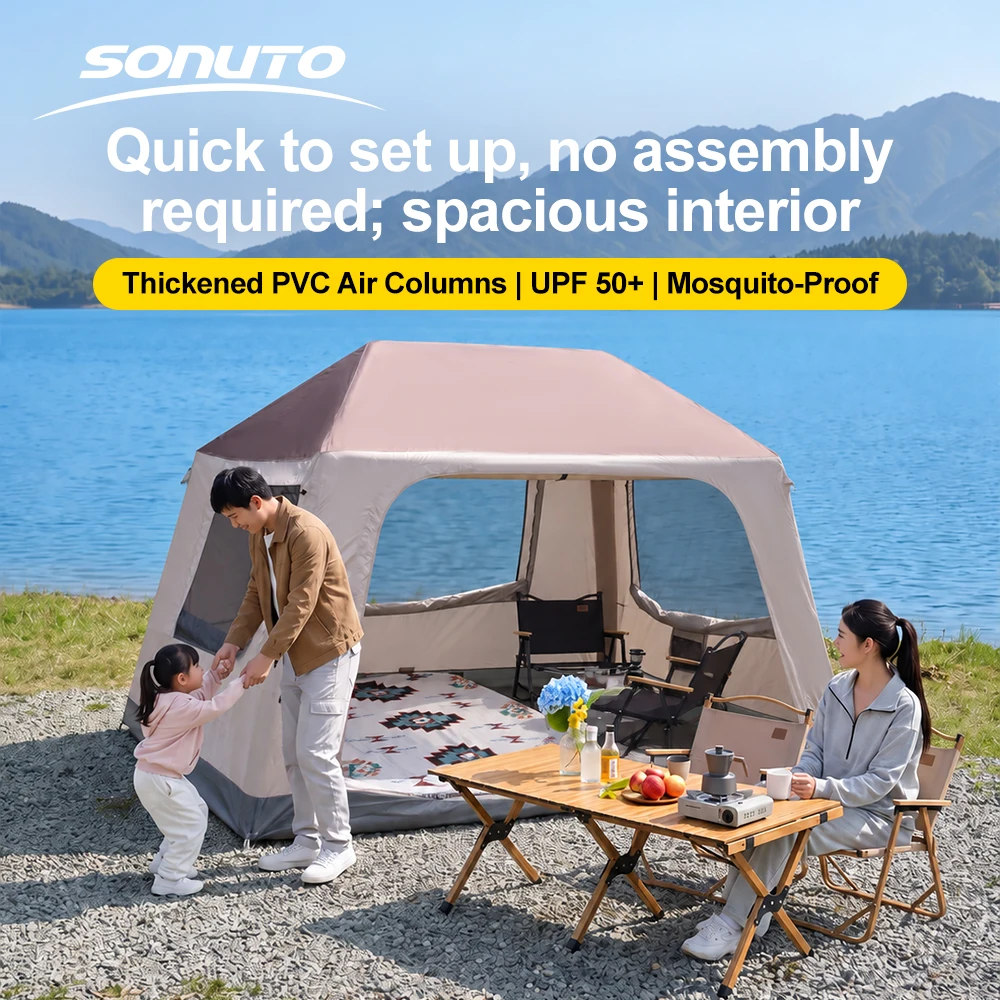 Sonuto Cabin Style Inflatable Camping Tent Thick PVC Air Columns Quick Inflate SetupUPF50+ Sunshade Mosquito Proof
