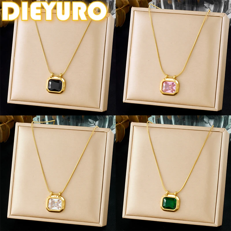 DIEYURO 316L Edelstahl Farbige Zirkon Inlay Quadrat Anhänger Halskette Für Frauen Neue Mode Wasserdicht Seil Kette Schmuck