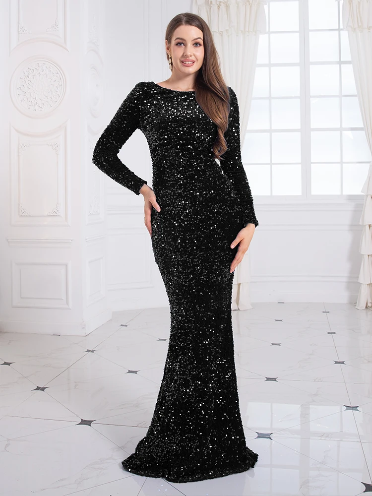 

Black Full Sleeve Stretch Sequin Floor Length Evening Night Dresses Sequin Velvet Tight Royal Blue O Neck Train Party Dress 2024