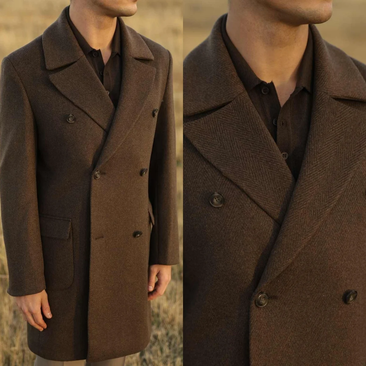 

Vintage Men Long Overcoat Double Breasted Wool Blends Jacket Blazers Autumn Winter Customized One Piece Coat