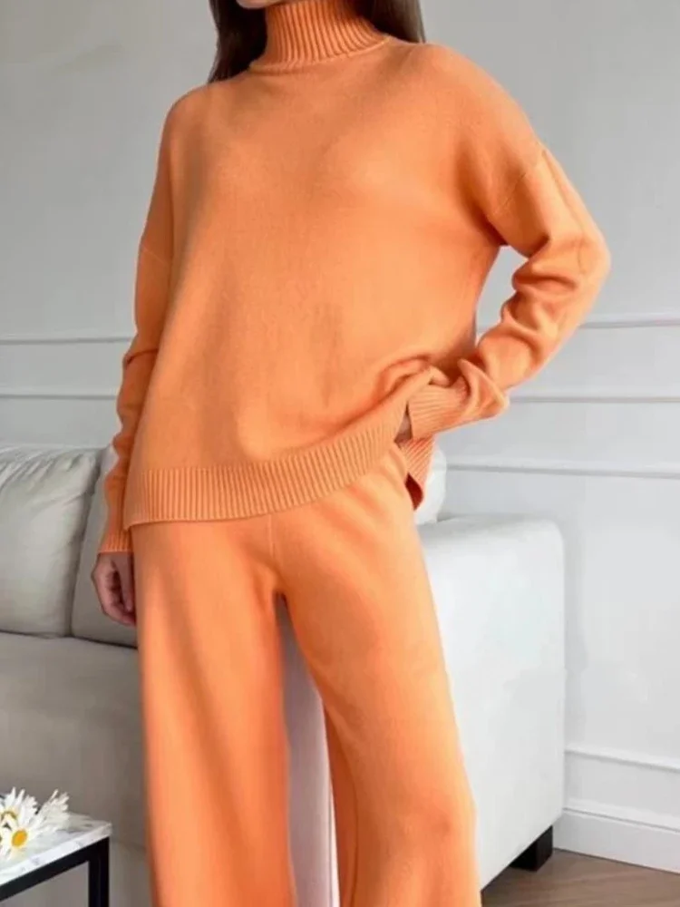 Autumn Winter Women Knit Pant Sets Sweater Turtleneck Long Sleeves 2 Piece Sets Womens Outfits Elegant Wide Leg Women's Clothing