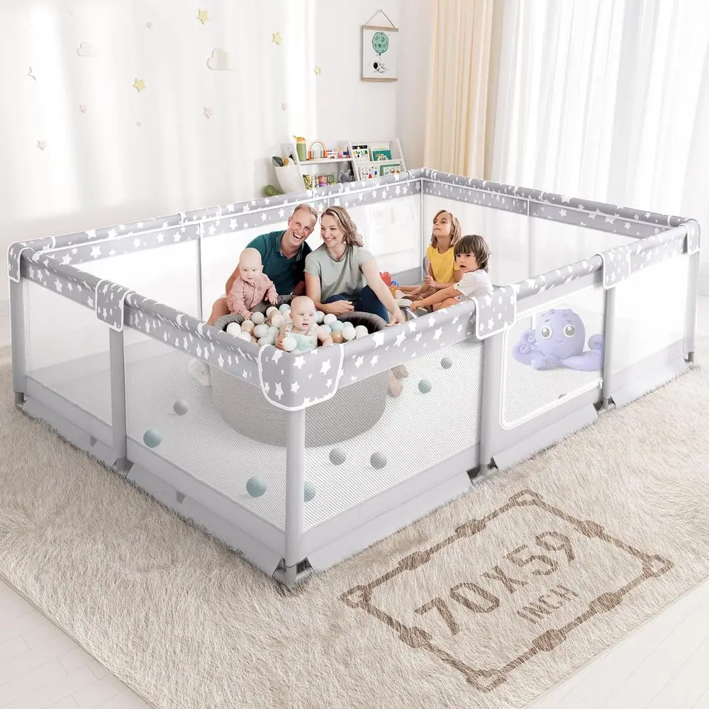 Giant 70x59in Playpen for 6-12 Month Olds, Large Play Yard for 1-3 Year Olds, Indoor Toddler Play Fence - Grey
