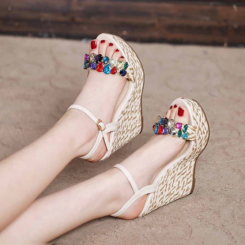 Retro straw wedges sandals waterproof platform thick bottom rhinestone high heels fashion elegant Bohemian womens shoes 31,32,33