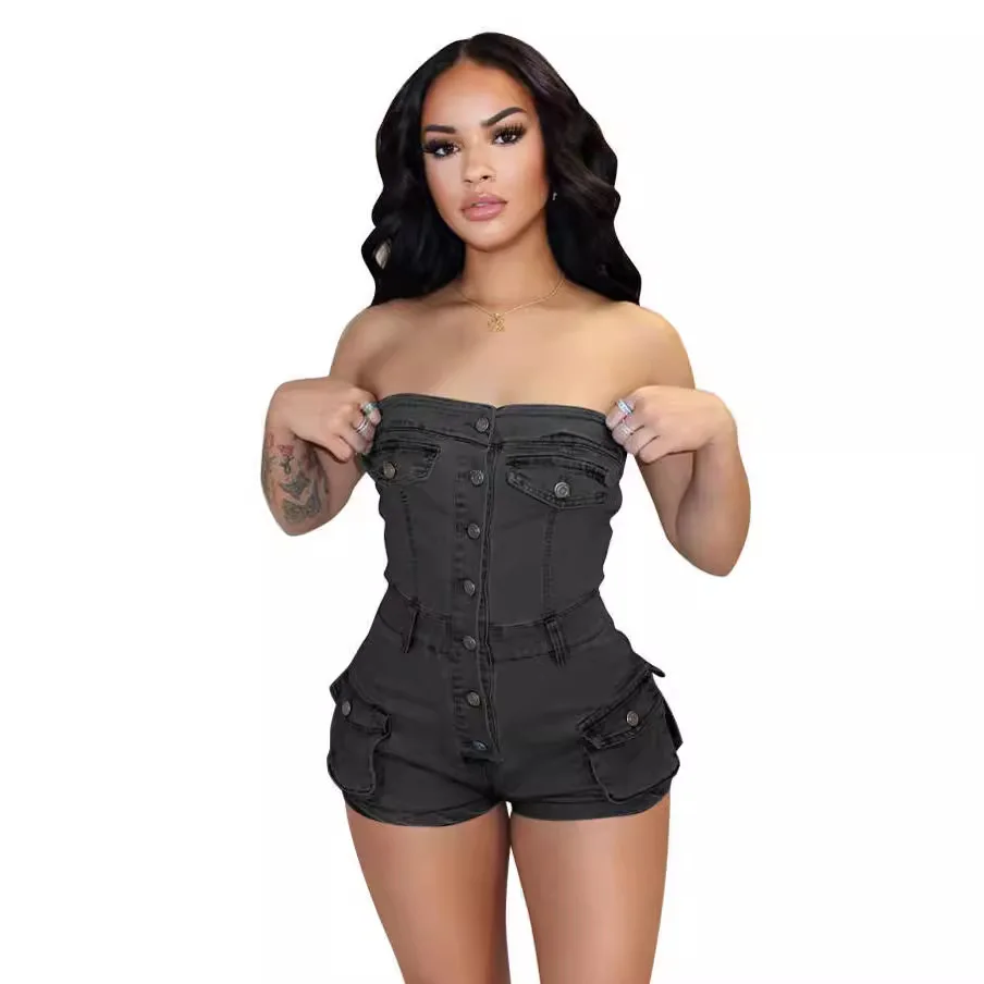 Summer Sexy Sleeveless Rompers Short Jumpsuit Women One Piece Romper Button Strapless Pocket Side Cargo Denim Stretch Playsuits