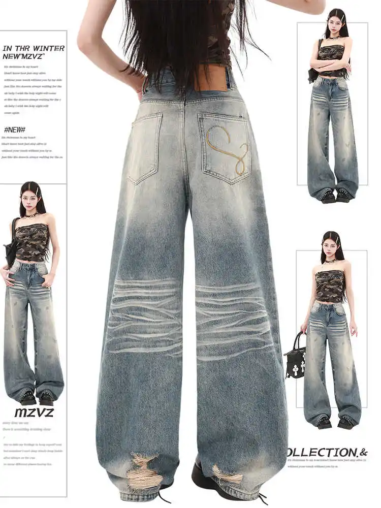 

American Vintage Y2K Wide Leg High Waist Straight Jeans Pants Women's Casual Baggy Grunge Streetwear Style Denim Trouser