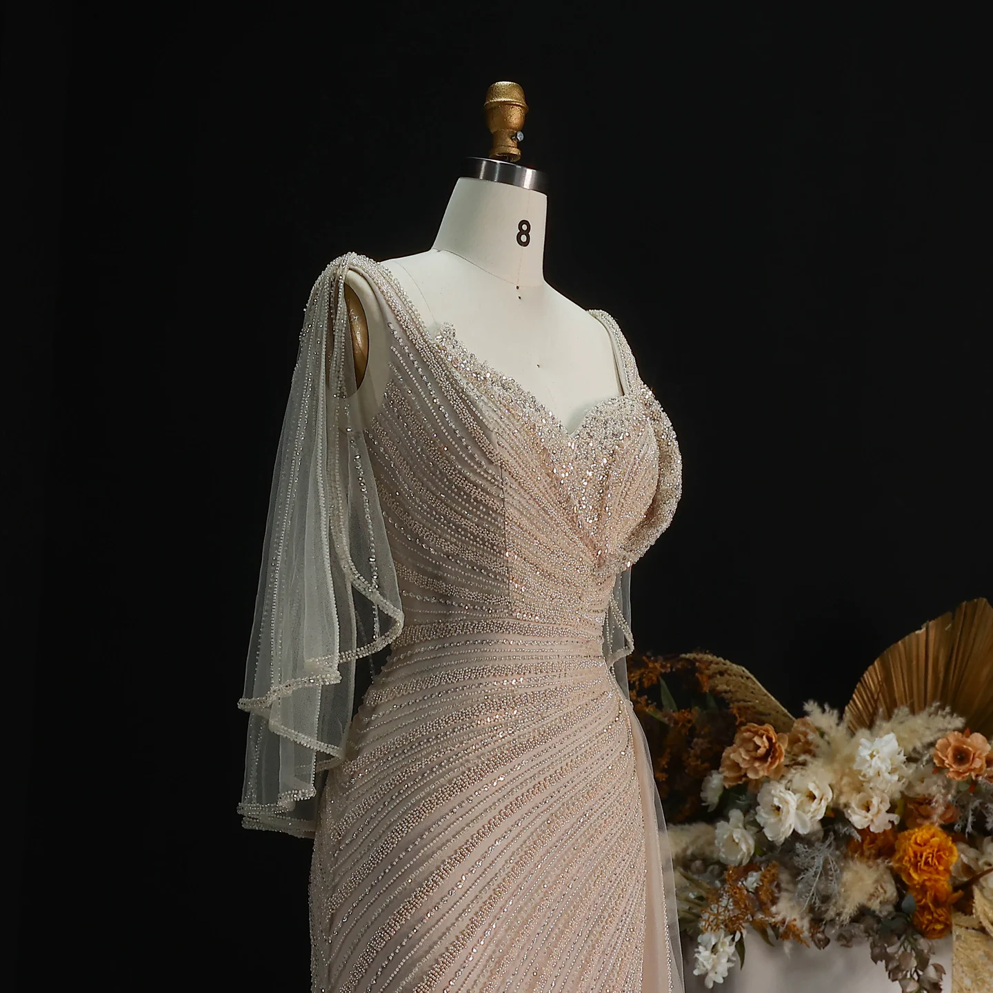 Sharon Said Luxuriöses Schwarzes Abendkleid, Lang, Perlenbesetzt, V-Ausschnitt, Cape-Ärmel, Elegante Ballkleider, Hochzeitsfeier, Damen, SS063, Maßanfertigung – Detail 19