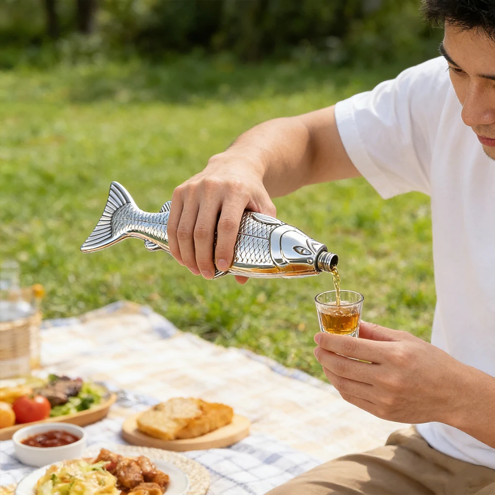 Fish-Shape Hip Flask 4oz Stainless Steel Bottle Pocket Travel Funny Whiskey Flasks for Men Holds Screw on Cap Outdoor Drinkware