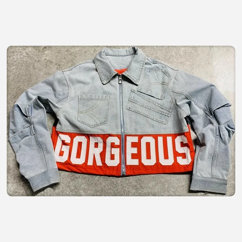 2025 Spring European Goods Heavy Industry Pocket Design Sense Letter Embroidery Color Matching Jacket Trendy Denim Jacket Women