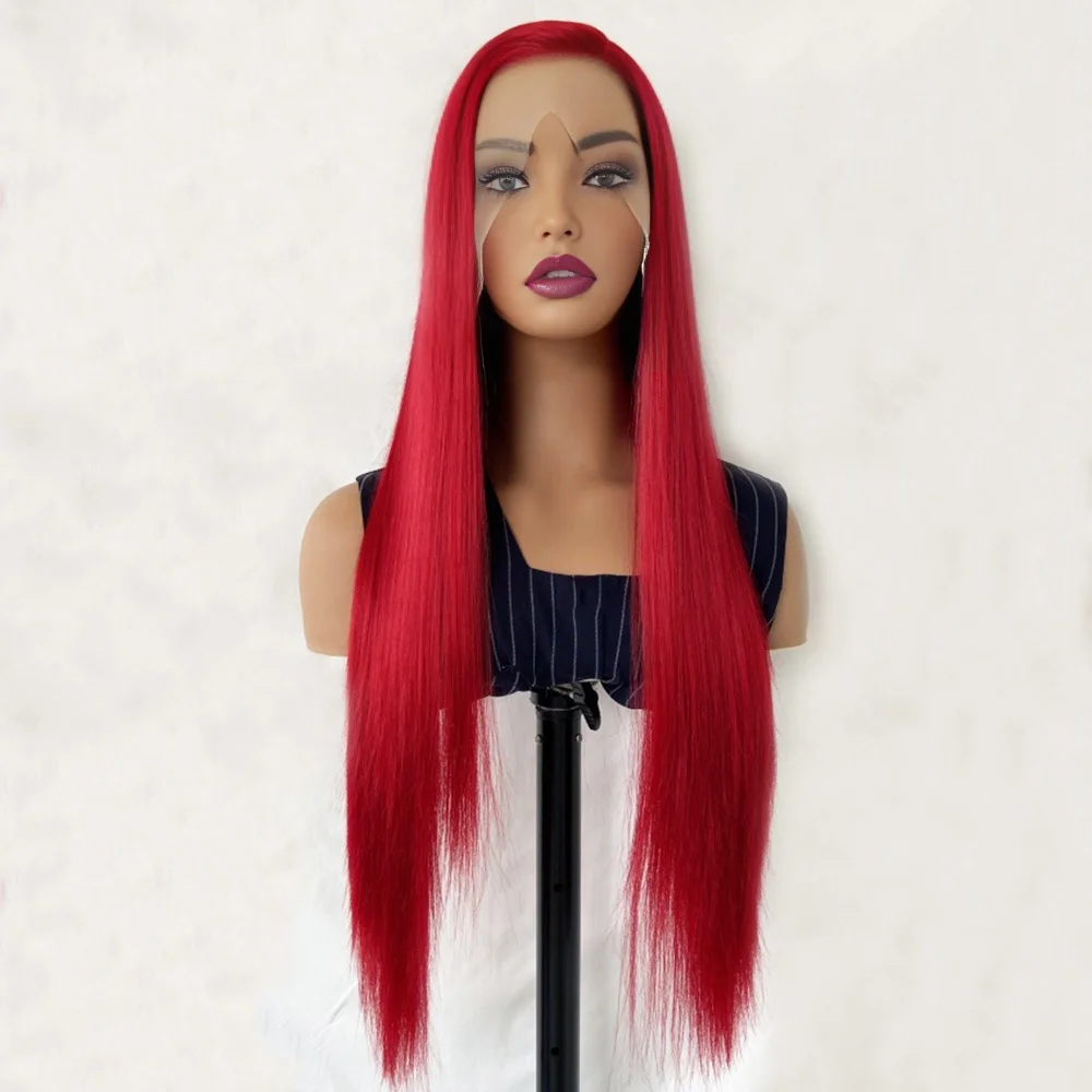 Red Straight Synthetic Hair Hot Red Silk Straight Lace Front Wigs for Women Cosplay Makeup Wear Heat Fiber Red Hair