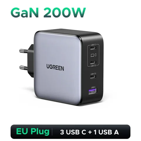 UGREEN Зарядное устройство GaN мощностью 200 Вт QC4.0 3.0 Быстрая зарядка для ноутбука Macbook Pro iPhone 17 16 Samsung S25 Xiaomi Tablet PD 3.1 Быстрое зарядное устройство