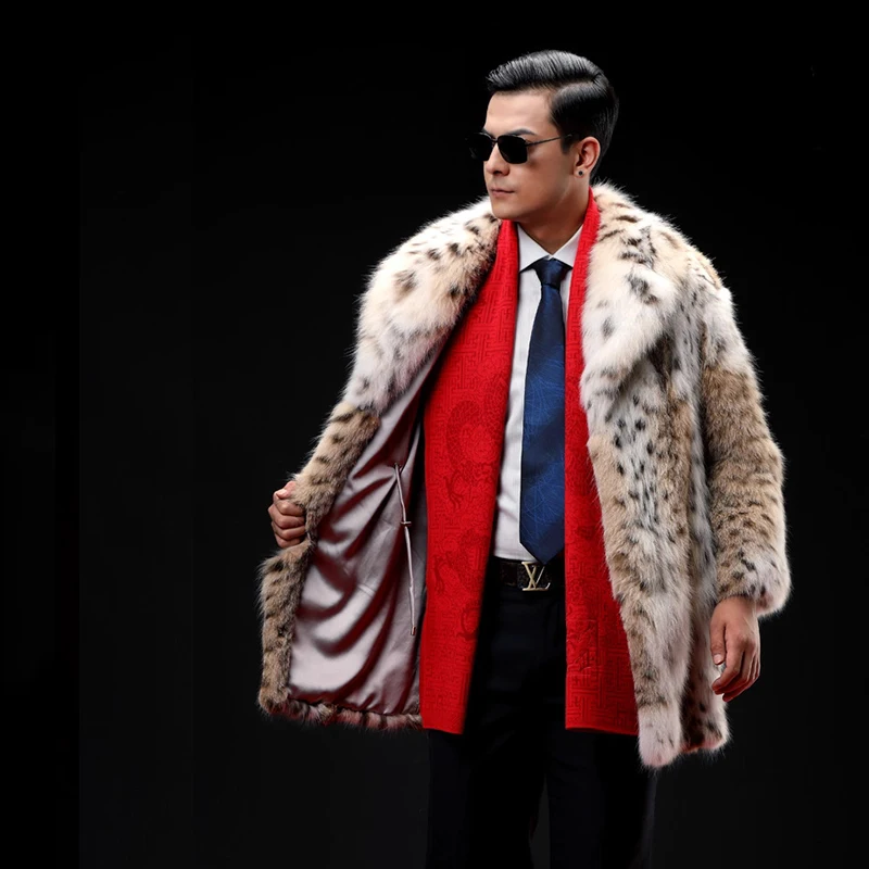 Ftangaiur Winter Men Import Top Lynx Fur Coat Turn-Down Collar Lynx Jackets Men's Short Causal Real Natural Fur Coats