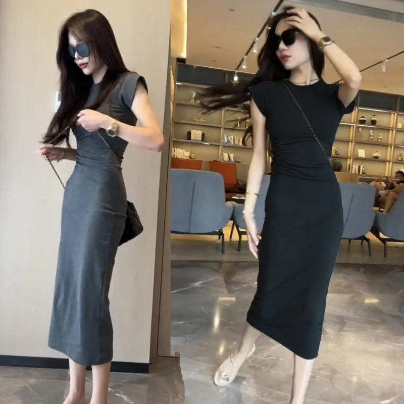 

Кокетка Slim Fit облегающее платье миди Лето-Осеннее элегантное платье длиной до колена для женщин с коротким рукавом до середины икры X-образной формы Чистое и сексуальное