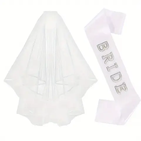 2Pcs Bride To Be Sash Bridal White Veil for Wedding Bride Pearl Satin Sash Bachelorette Party Decorations