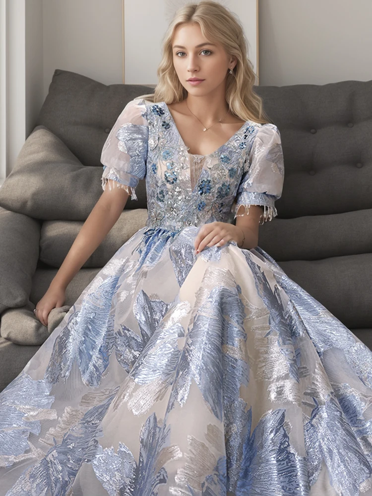 Luxury Blue Lace Prom Dresses 2023 Elegant V-Neck Luxury Appliques Floor-Length Long Women Birthday Evening Party Gowns