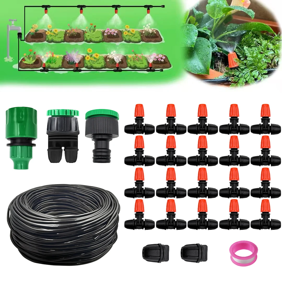 

10M-30M Mist Irrigation Kits Plant Watering System, 1/4”Drip Tubing Hose and Two-Ways Connector, Locking Misters, DIY Automatic