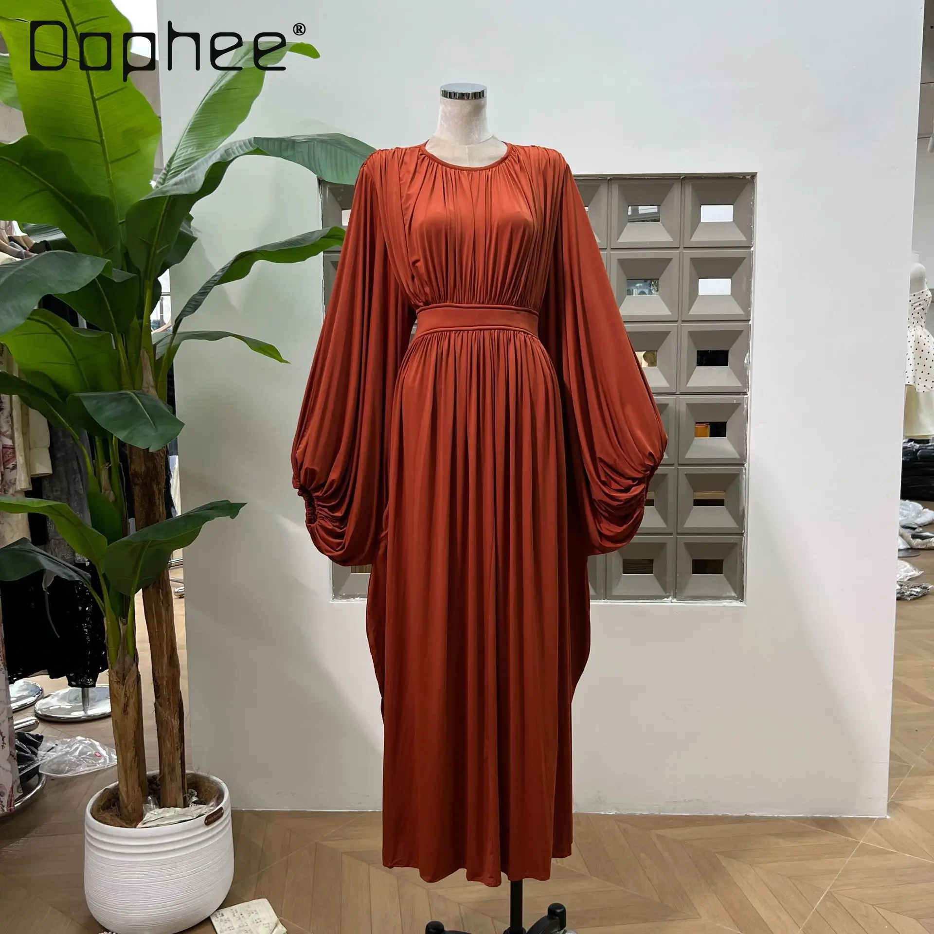 European American Women Clothing Fashion Bat Long-sleeved High-waisted Dress High-end Elegant Mid-length Dress Evening Dresses