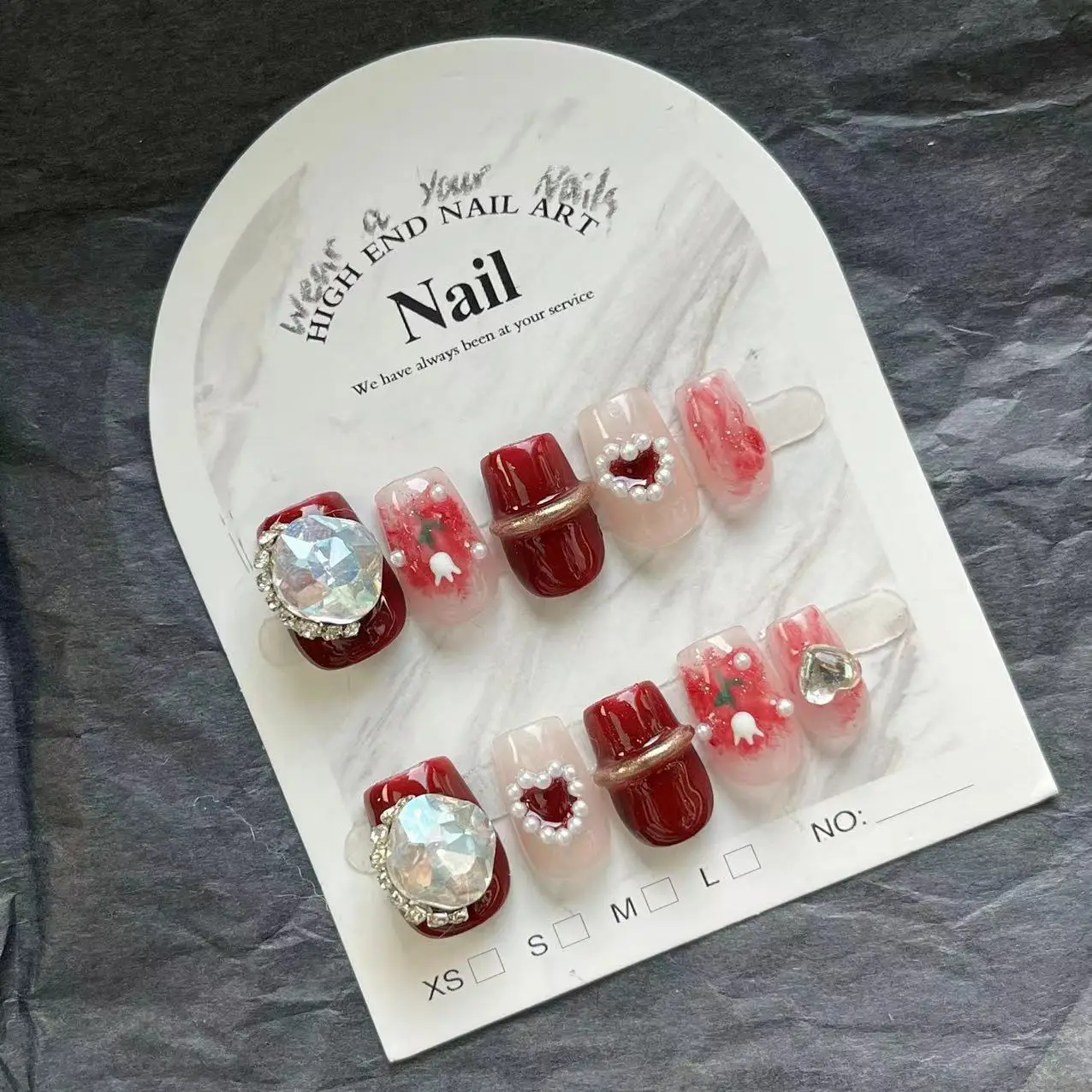 Uñas postizas reutilizables hechas a mano, Uñas postizas de cristal 3D con diamantes de imitación pintados de tulipán de rejilla roja, prensa coreana Linda