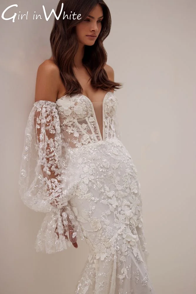 Vestido de novia personalizado de sirena con hombros descubiertos, Apliques de encaje, vestido de novia de manga larga con espalda descubierta, vestidos de novia