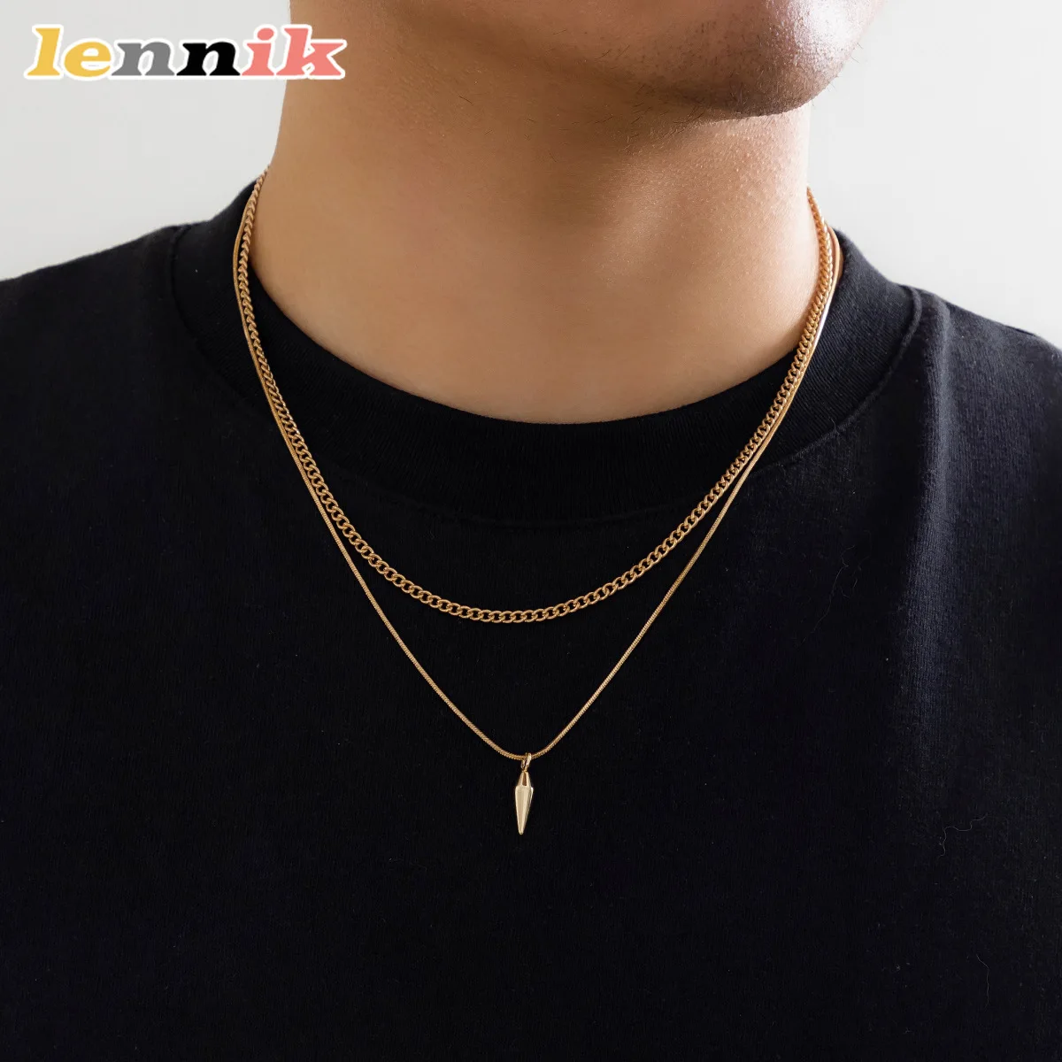 LENNIK  Men’s Stainless Steel Stacked Rivet Necklace, Multi-Layer Punk Design, Versatile for Street/Casual, Perfect Gift