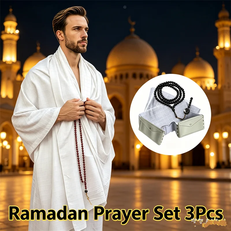 3PCS Men Ihram Pilgrimage Outfit White Grid Islam Hajj Clothes Muslim Prayer Shawl Tasbih Beads Bag Set Arab Worship Thobe Umrah