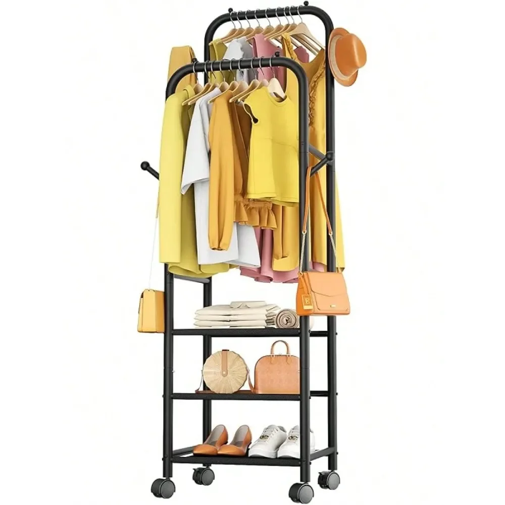 

Вешалки для одежды, портативная передвижная вешалка для одежды на колесиках, прочная металлическая напольная вешалка для одежды с колесами, двойные перекладины