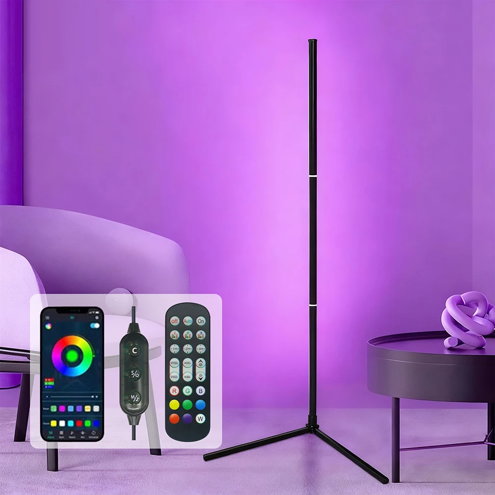 Smart RGBW LED Floor Lamp Bluetooth App 24key Remote Control Music Sync for Living Room Bedroom Gaming Room Corner Lighting USB