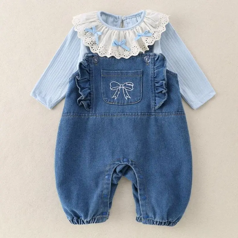 

Korean Luxurious Baby Girl 2-Piece Set Trendy Overall & T-shirt with Lace Collar Elegant Princess Style Romper Autumn Outfit