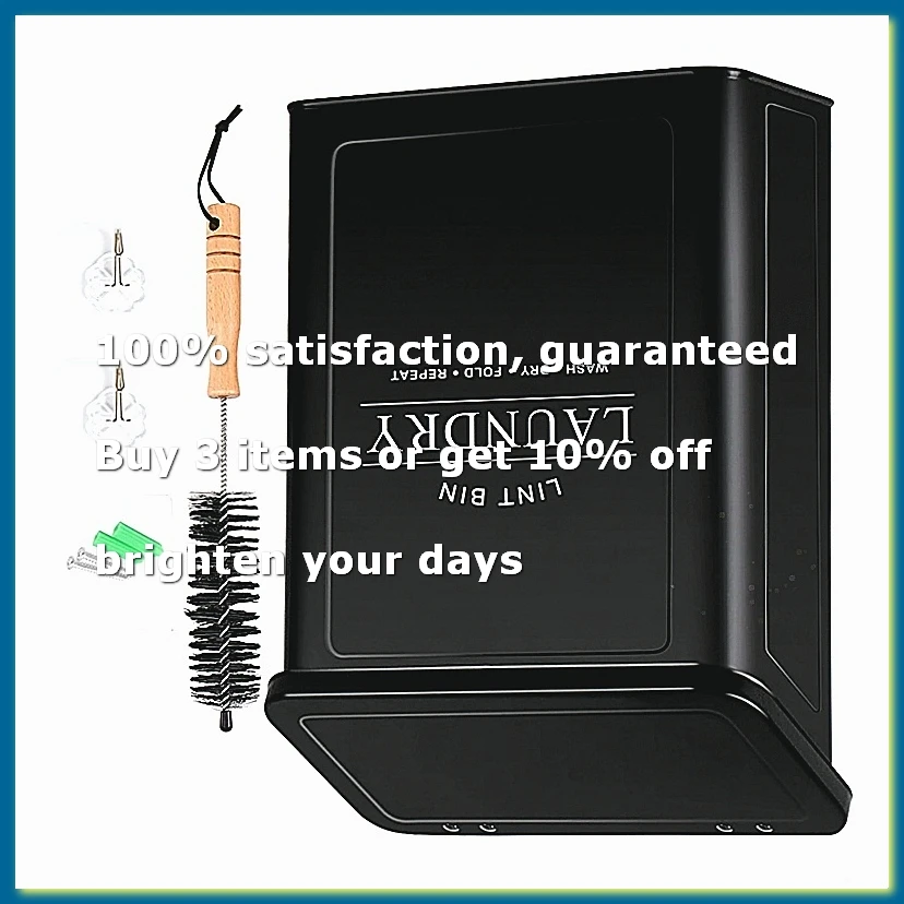Magnetic Lint Bin for Laundry Room, Metal Lint Container with Lid and Brush, Wall Mounted Lint Box for Dryer Black