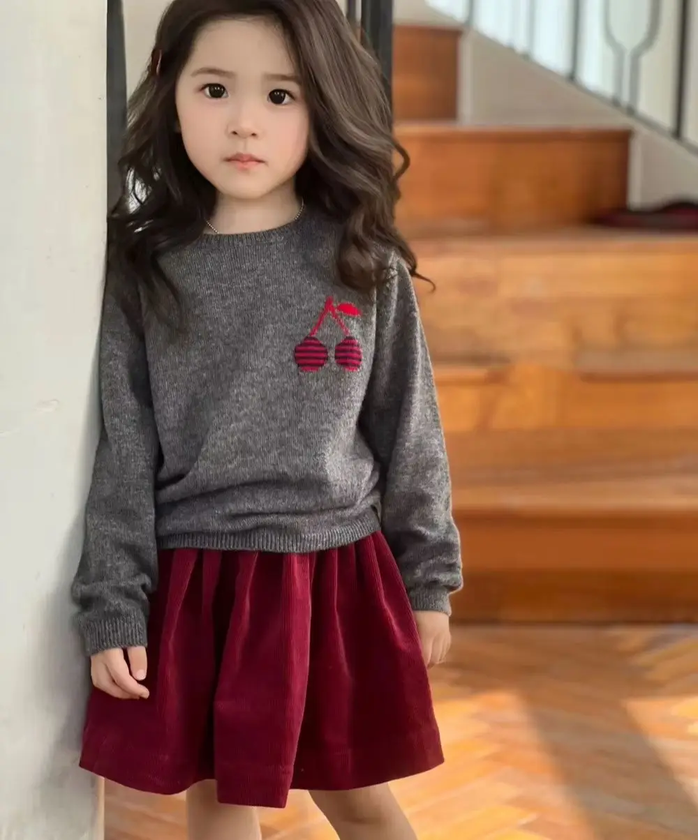 

fall winter baby sweaters 100% wool cherry pattern simple girls' sweater Knitted pullover sweater