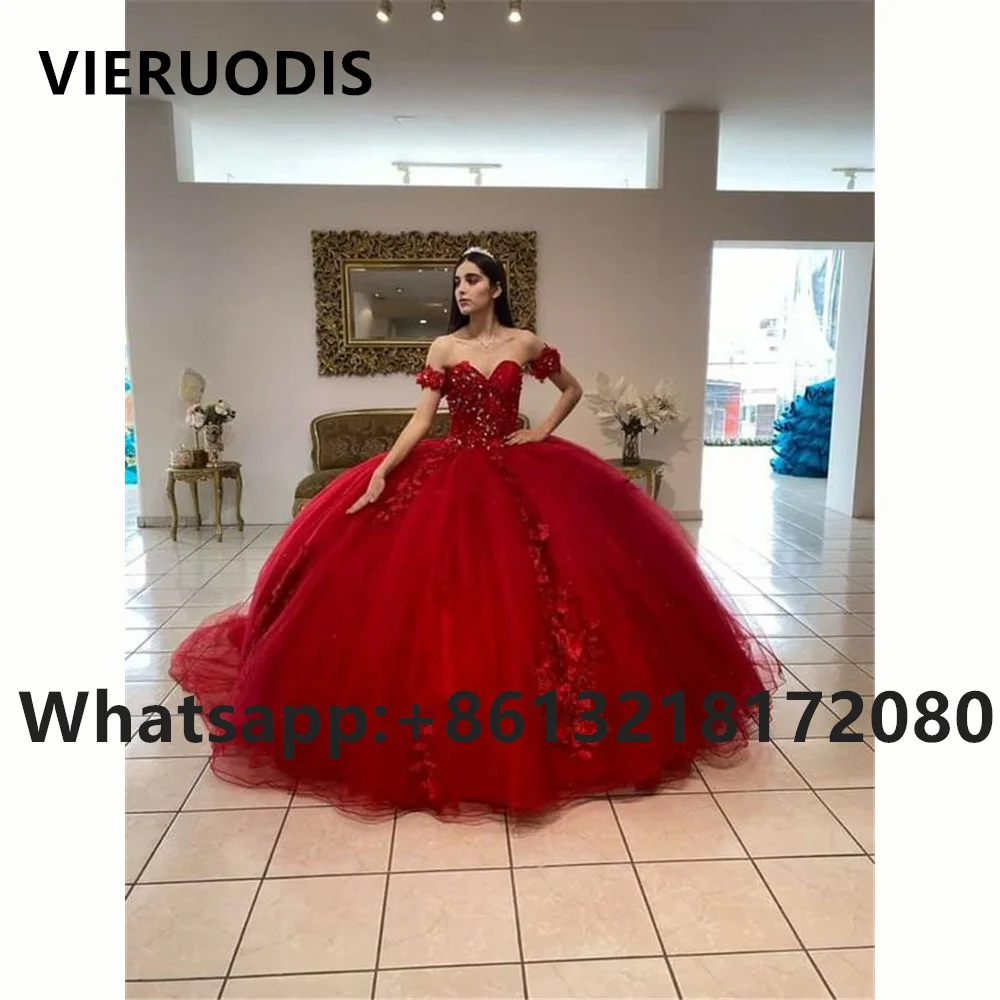 Abito da ballo rosso Abiti Quinceanera Dolce 16 con spalle scoperte Abiti da ballo in pizzo con applicazioni dolci Vestido De 15 Anos Quinceanera
