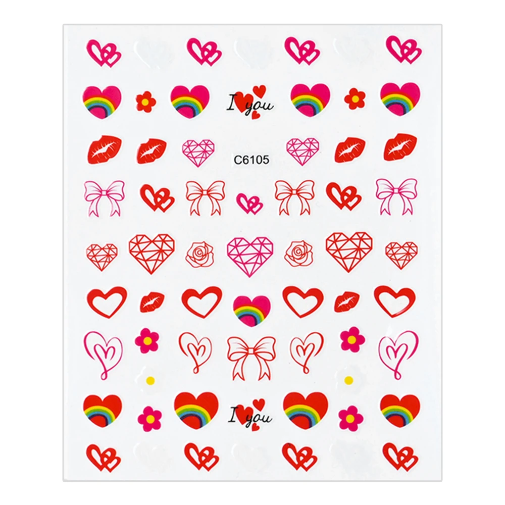 Red Love Heart Nail Art Stickers Decal Valentine Day Cute Lovely Valentines Nail Decorations 3D Self-Adhesive Acrylic Manicure