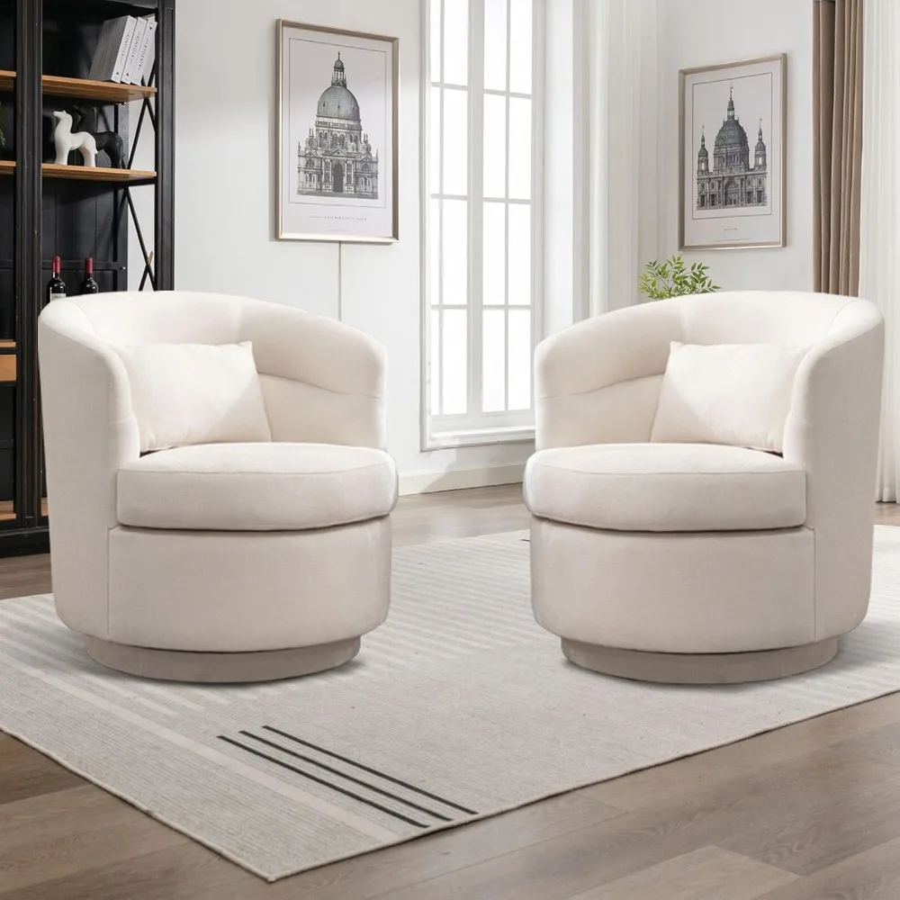 Swivel Barrel Chair Set of 2, Swivels Accent Chair with Pillow, Upholstered Comfy 360 Degree Swivel Single, Living Room Chairs