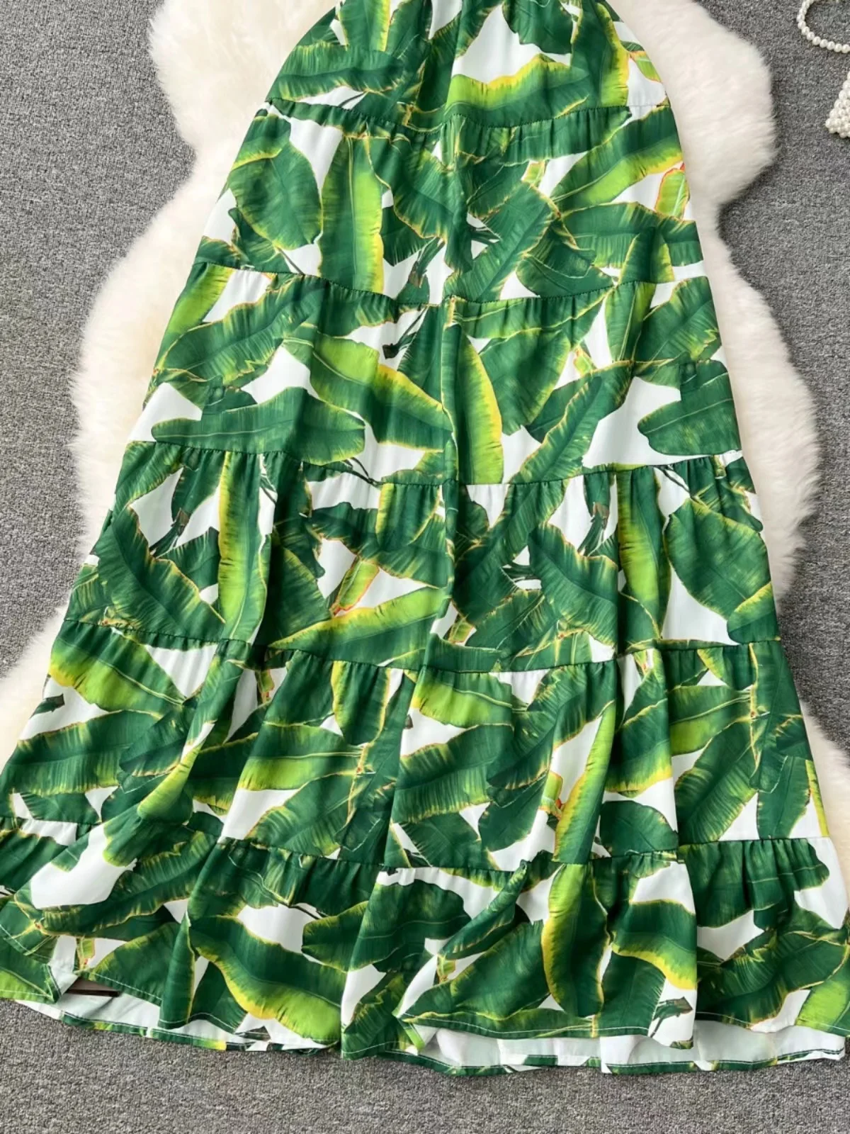 2024 Summer New Vacation Style Fashion Palm Leaf Print Sling Dress Women\'s Sexy V-Neck Backless Bow Tie up A-Line Long Skirt