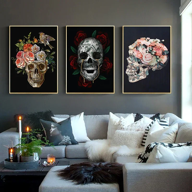 Pósteres e impresiones de calavera abstracta con flores, pinturas en lienzo, imágenes artísticas de pared para decoración para sala de estar, sin marco