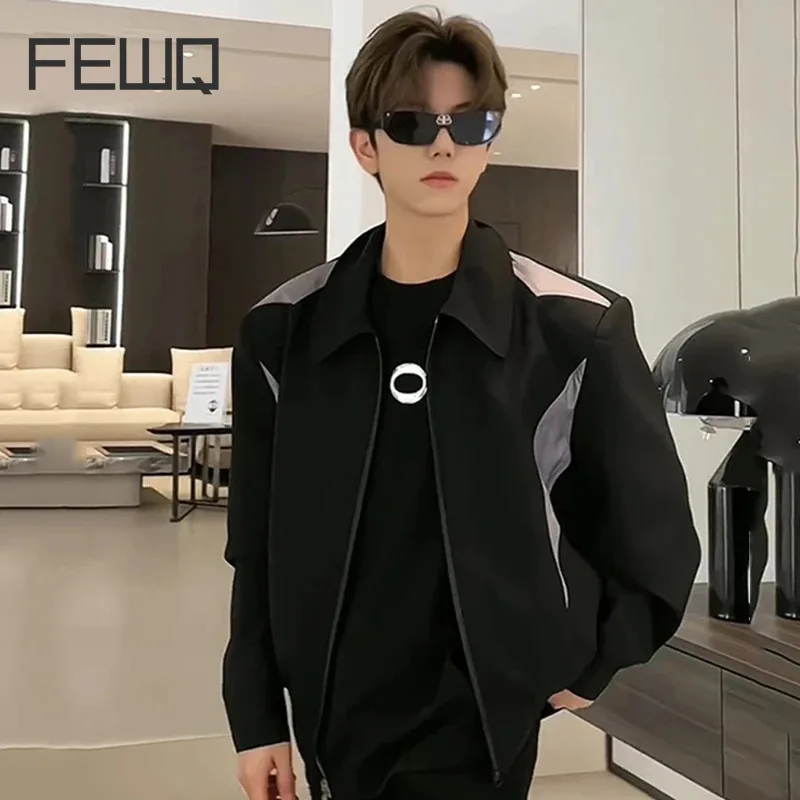 FEWQ Design Shoulder Padded Men's Jacket Short Style Autumn American 2024 Contrast Color Long Sleeve Male Tops 24E1953