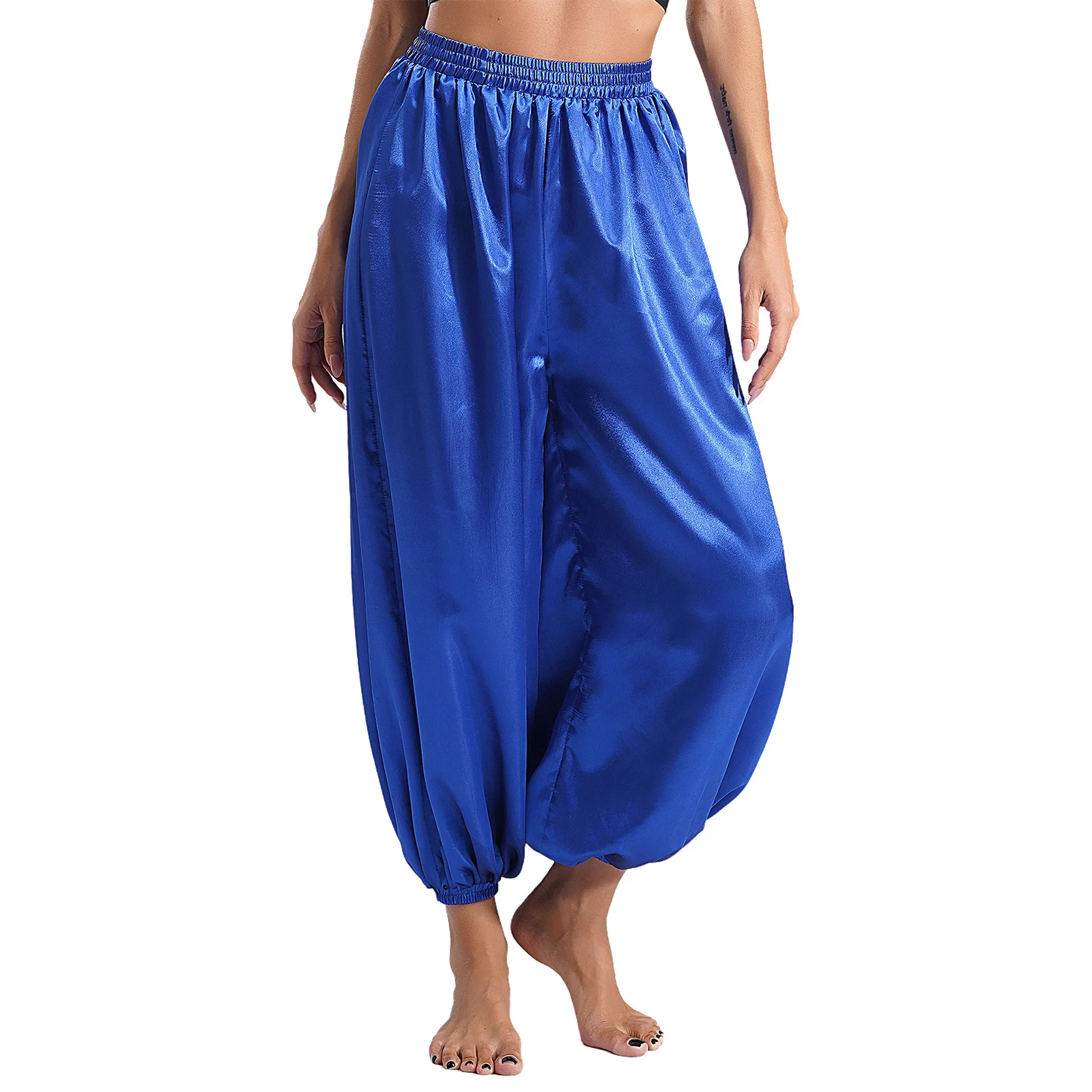 Damen Bauchtanz Haremshose Lose Elastischer Bund Satin Pumphose Hose Karneval Party Arabische Prinzessin Cosplay Kostüm