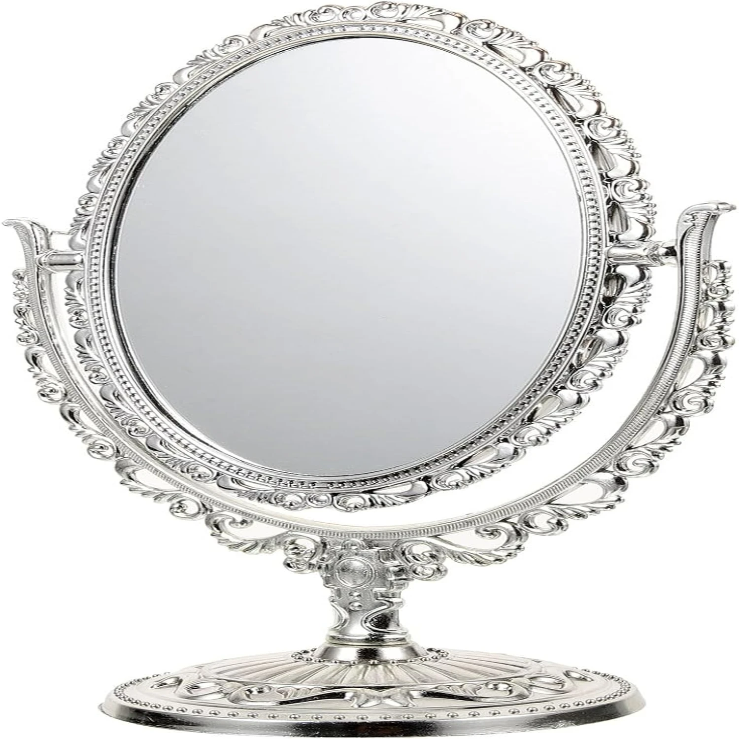 

Vintage Silver Tabletop Makeup Mirror - Double-Sided, Swivel Stand, Oval Frame, Stylish and Elegant Cosmetic Mirror for Bathroom