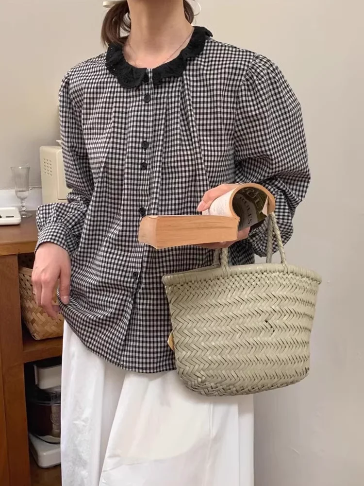 

Винтажные клетчатые рубашки женские корейские шикарные милые однобортные топы с оборками и круглым вырезом весенняя повседневная свободная блузка с длинным рукавом