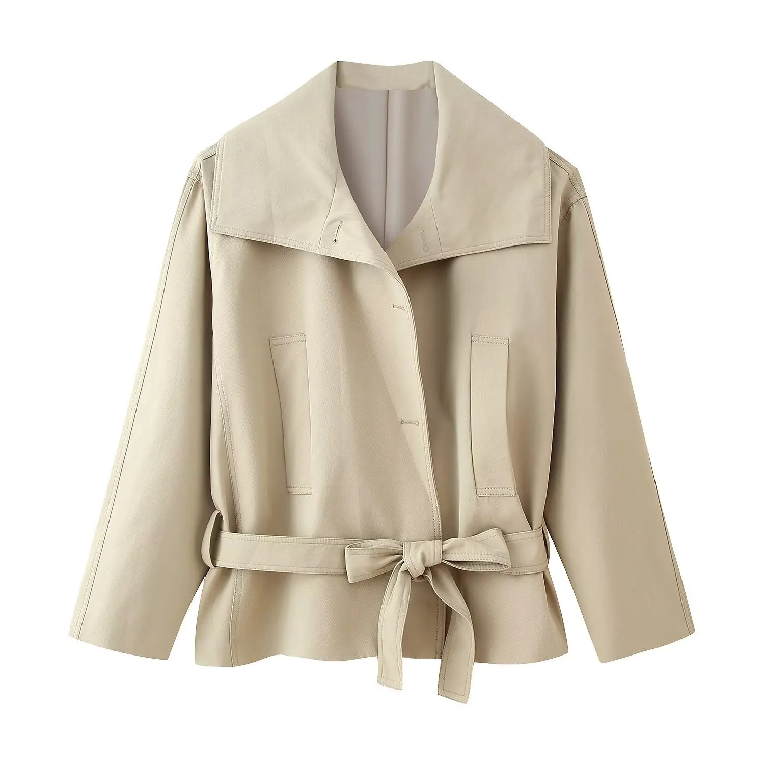 

European and American Women's Fashion Large Lapel Collar with Belt Silhouette Short Trench Coat