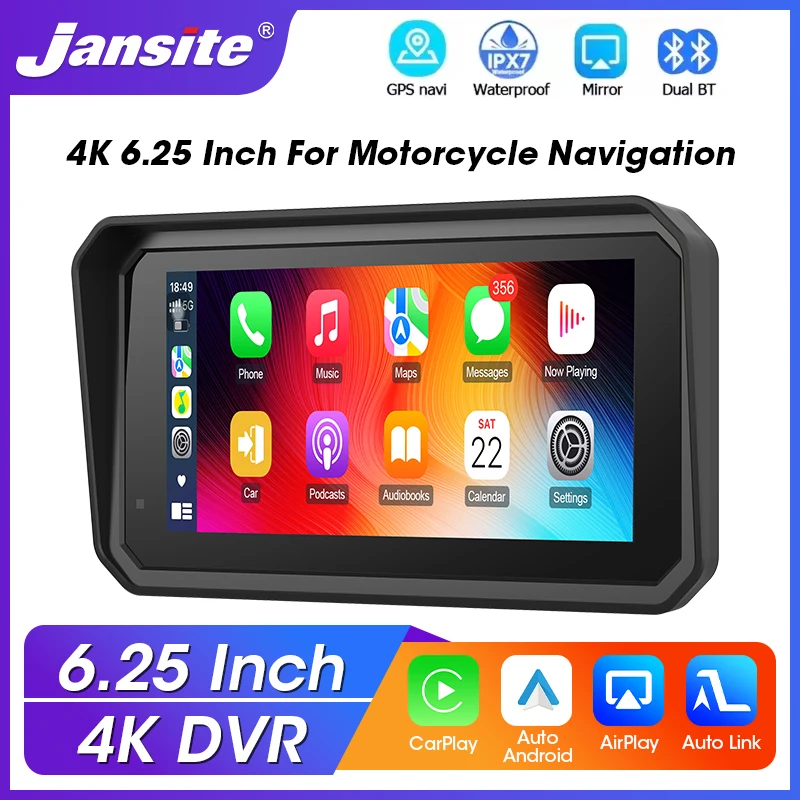 6.25 بوصة دراجة نارية لتحديد المواقع والملاحة 4K + 1080P عدسة مزدوجة DVR IPX7 شاشة مقاومة للماء اللاسلكية CarPlay أندرويد السيارات محرك مسجل