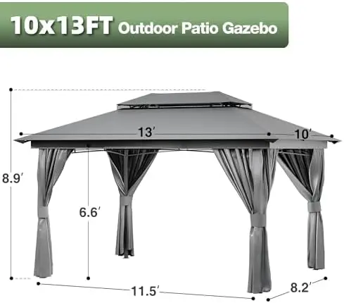 Outdoor Gazebo for Patio 10'x13', Heavy Duty Shelter Canopy Tent with Mosquito Netting and Privacy Screens, Double-Roof