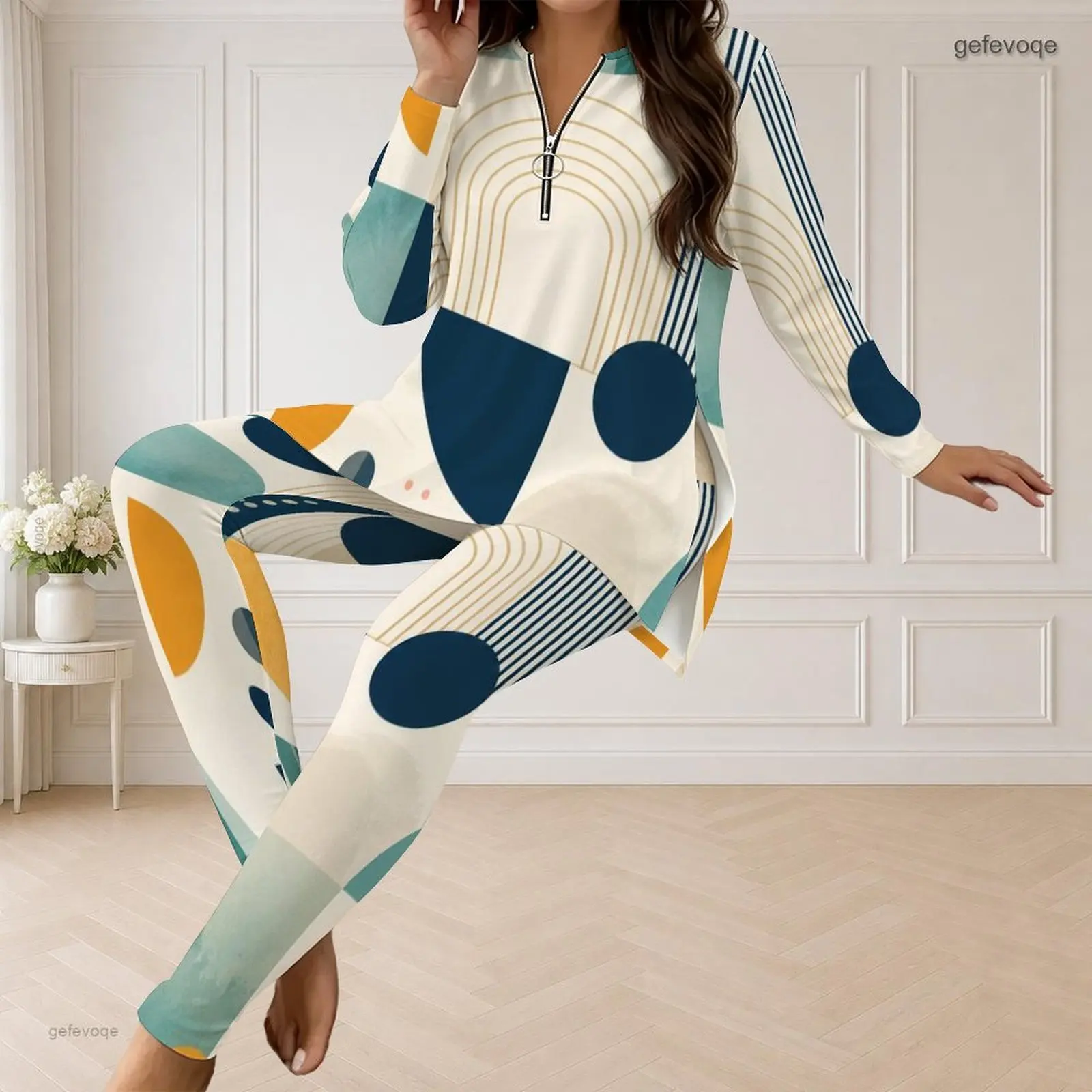 Fall Graphic Print Plus Size Sets Women V Neck Mid Century Geometric Plus Size Clothes Womens Clothing For Loungewear Casual