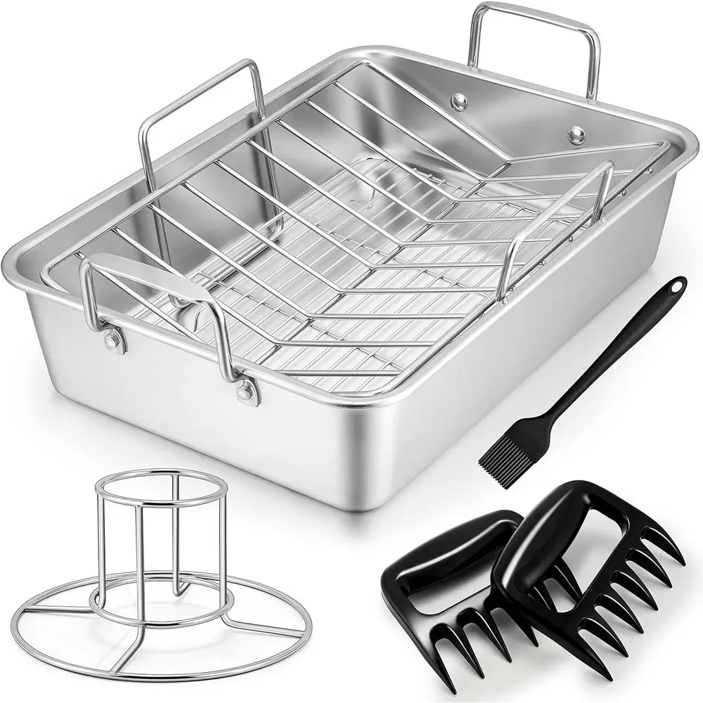 

Roasting Pan, Large Turkey Roaster Pan StainlSteel with V Rack & Cooling Rack, r Can Chicken Holder & Meat Claws or Shredding &