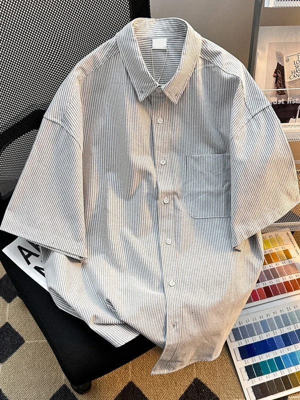 

Summer Men's Loose Casual Stripe Short Sleeve Shirt Half Sleeve Fashion Brand Vintage American Style Handsome Outerwear