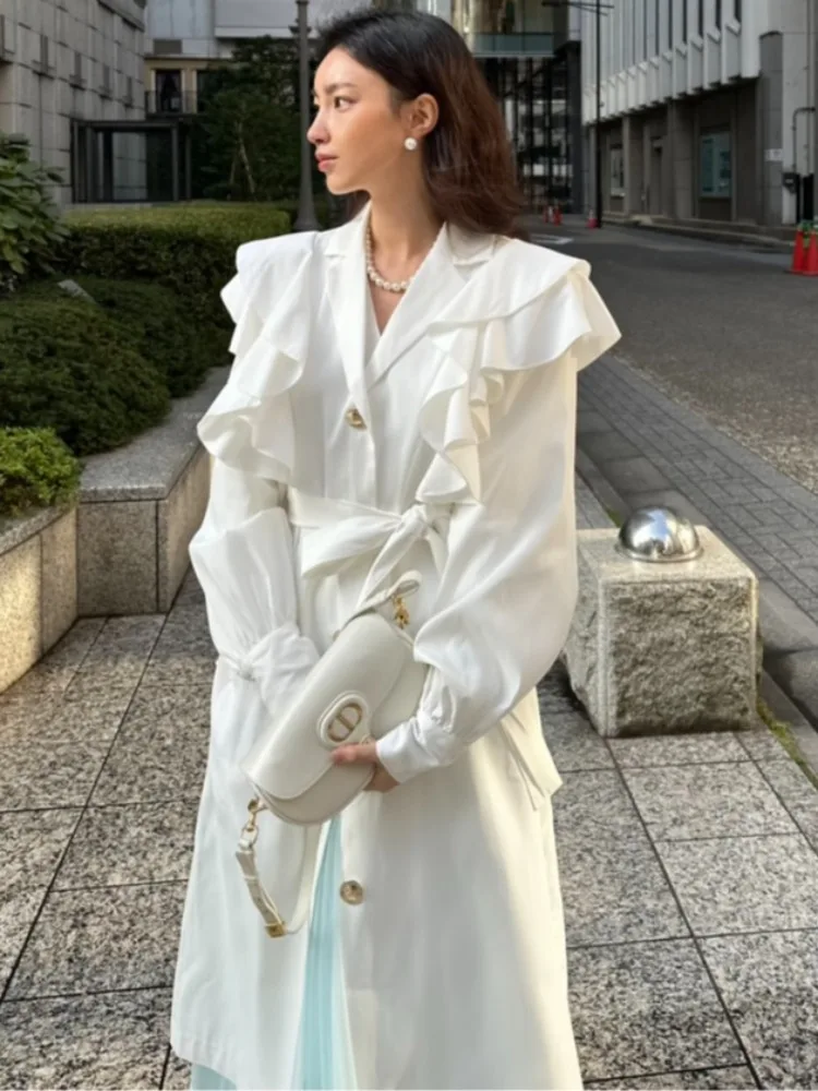 

Ele Long Sve Women's Windbreaker Coat with Belt Tie Suit Collar Splicing Lace Hemline Autumn Faion Outerwear