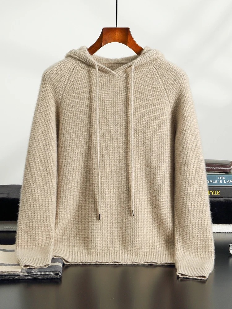 

Мужская одежда, осенне-зимний свитер из 100% кашемира, роскошный толстый вафельный пуловер с капюшоном, спортивные повседневные качественные базовые вязаные топы