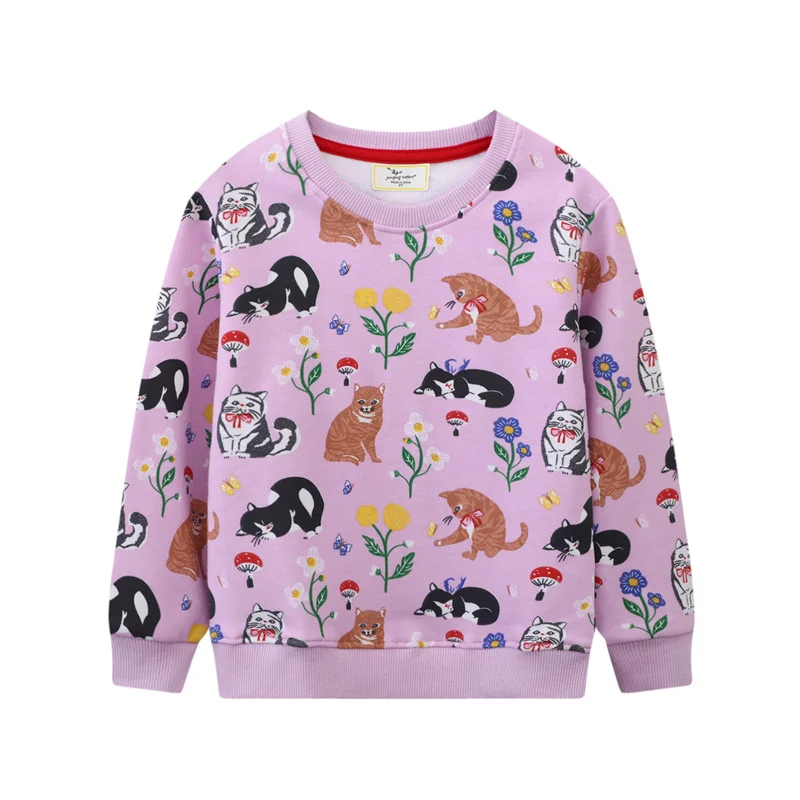 

New Arrival 2-7T Cats Print Girls Sweatshirts Long Sleeve Children's Clothing Cartoon Animals Baby Hooded Shirts Kids Tops