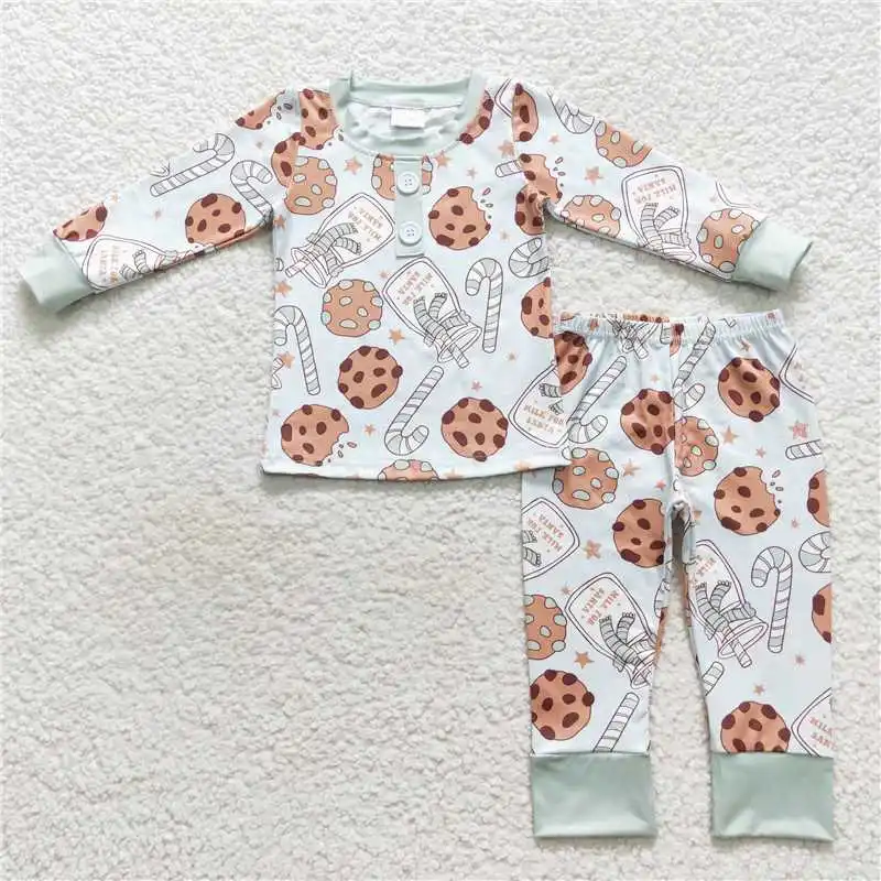 New Christmas Boys Girls Milk Biscuit Bottle Cane Pink Long Sleeve Pants Set Wholesale Boutique Children Clothing RTS